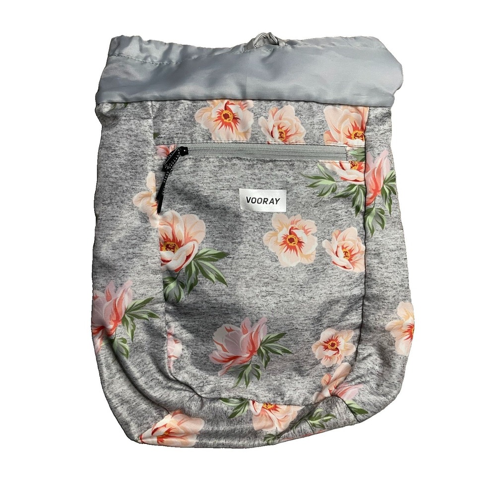 Vooray Floral Drawstring Backpack Gray/Pink Padded Adjustable Straps Zipper Gym